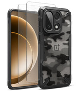 [Bundle] OnePlus 15 | Fusion-X - OnePlus 15 with a black camo Fusion-X case and a glass screen protector.