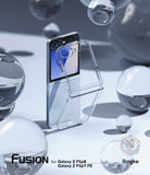 Galaxy Z Flip 7 FE Case | Fusion - Clear protective case hovering over a Galaxy Z Flip phone amidst floating glass spheres.