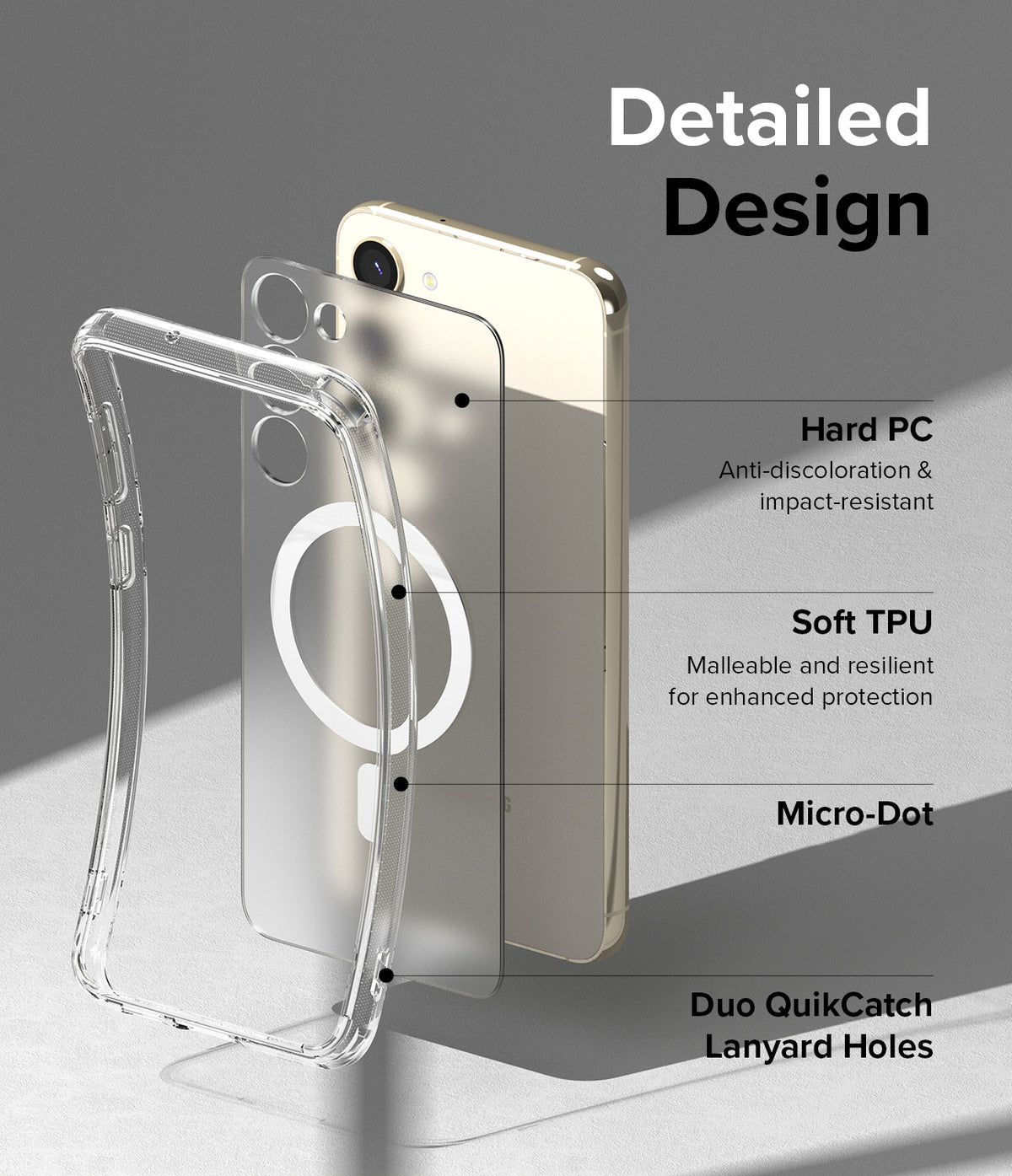 Galaxy S23 Plus Case | Fusion Magnetic Matte - Exploded view of phone case layers highlighting PC, TPU, and lanyard holes.