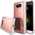 LG G5 | Mirror - Rose gold phone case with a reflective mirror back panel and clear protective bumper on an LG G5 smartphone.