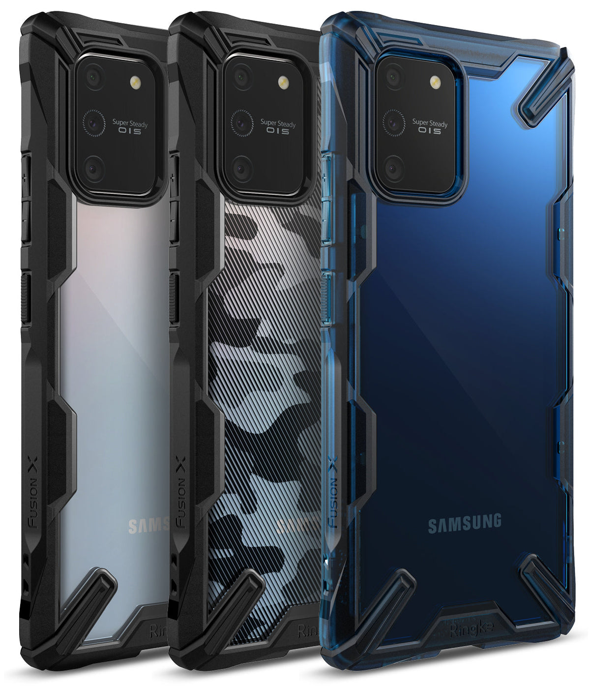 Galaxy S10 Lite Case | Fusion-X - Three rugged phone cases in clear, camo, and blue designs with reinforced black bumpers.