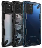 Galaxy S10 Lite Case | Fusion-X - Three rugged phone cases in clear, camo, and blue designs with reinforced black bumpers.