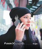 Galaxy S10 Lite Case | Fusion-X - Woman in a black beanie holding a Galaxy S10 Lite with a black Fusion-X protective case.