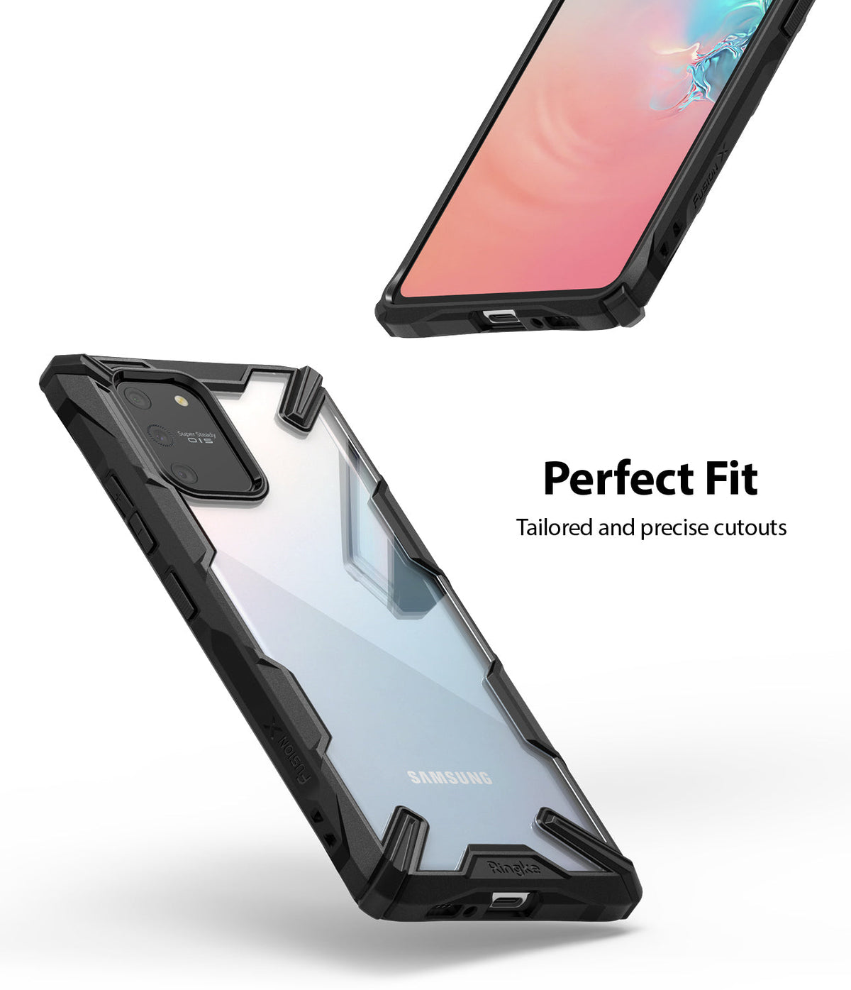 Galaxy S10 Lite Case | Fusion-X - Black rugged case with clear back on a Galaxy S10 Lite showing precise cutouts.
