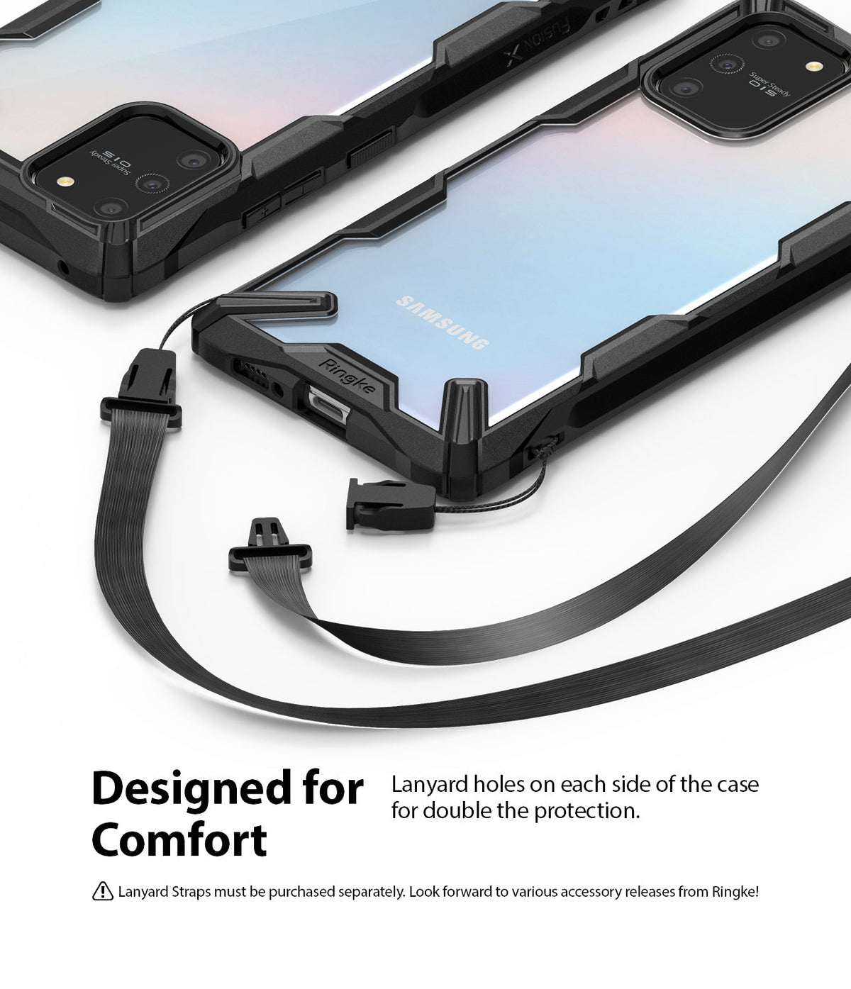 Galaxy S10 Lite Case | Fusion-X - Black rugged phone case with lanyard attachment points and a detachable strap.