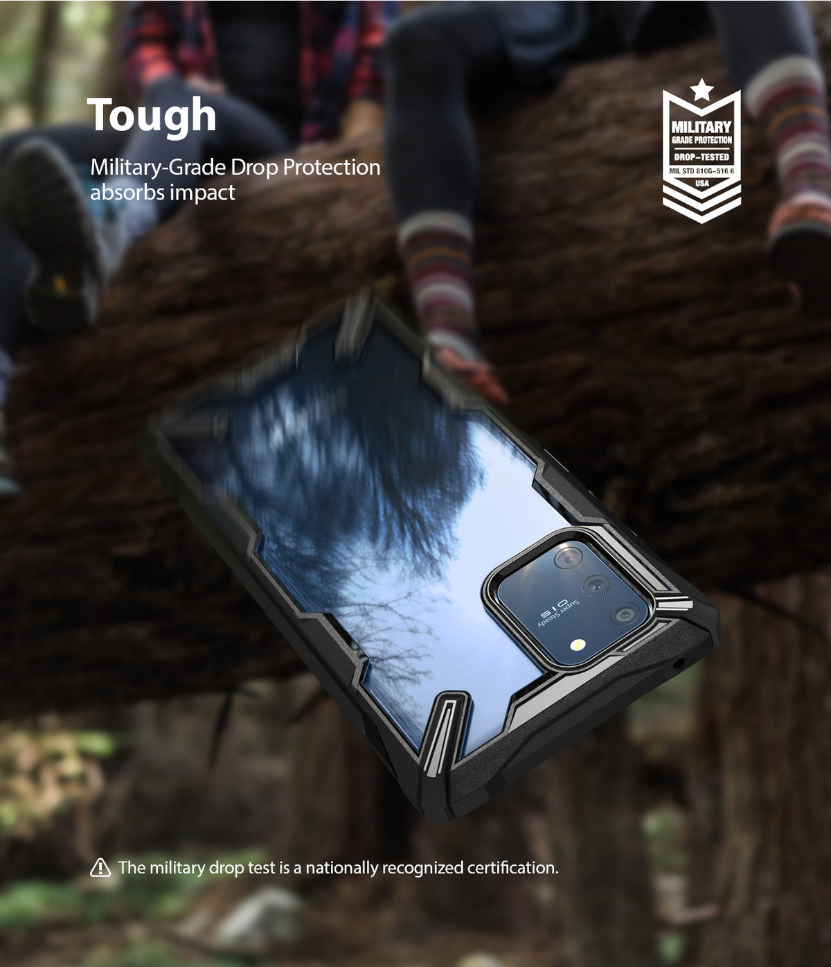 Galaxy S10 Lite Case | Fusion-X - Black rugged phone case with clear back, floating over a forest background.