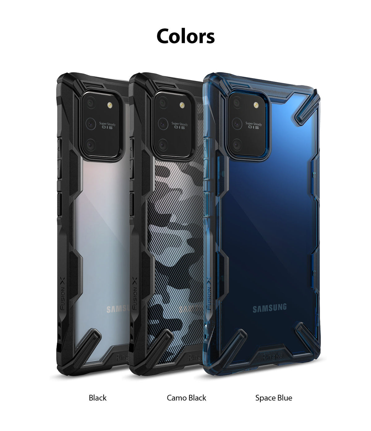 Galaxy S10 Lite Case | Fusion-X - Three Galaxy S10 Lite phones in Black, Camo Black, and Space Blue Fusion-X cases.