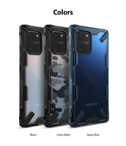 Galaxy S10 Lite Case | Fusion-X - Three Galaxy S10 Lite phones in Black, Camo Black, and Space Blue Fusion-X cases.