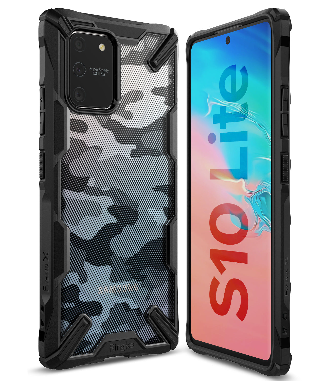 Galaxy S10 Lite Case | Fusion-X - Black rugged phone case with camo back panel shown from front and back angles.