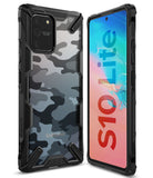 Galaxy S10 Lite Case | Fusion-X - Black rugged phone case with camo back panel shown from front and back angles.