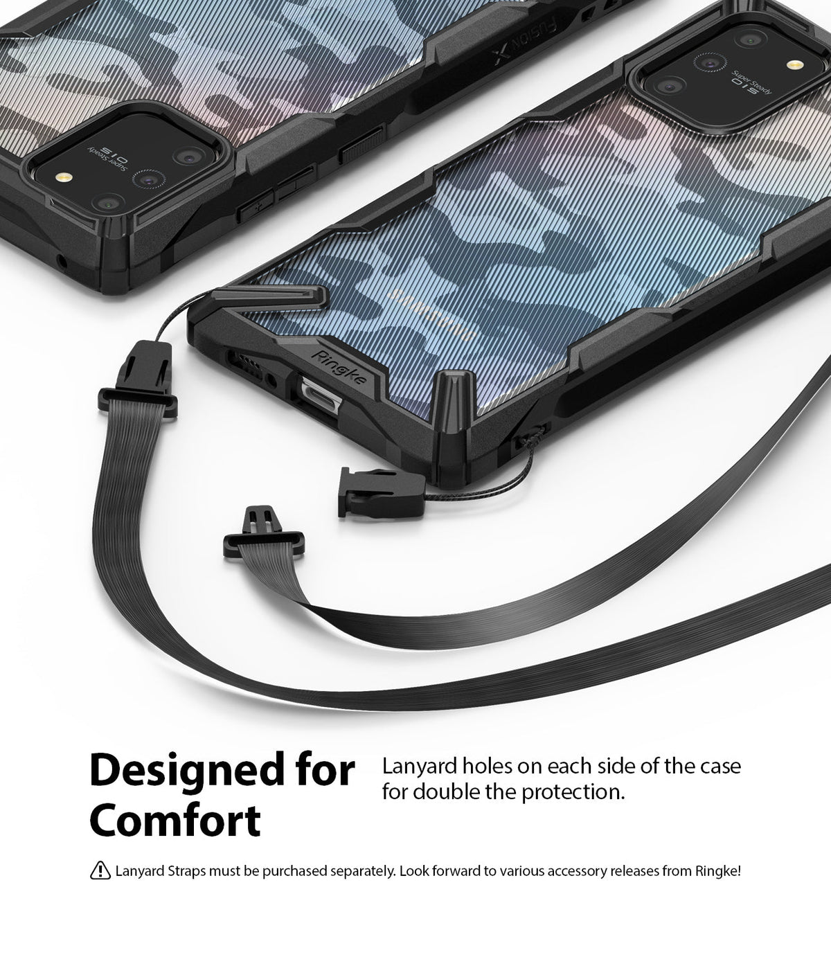 Galaxy S10 Lite Case | Fusion-X - Two camouflage phone cases with black bumpers and detachable black lanyard straps attached.