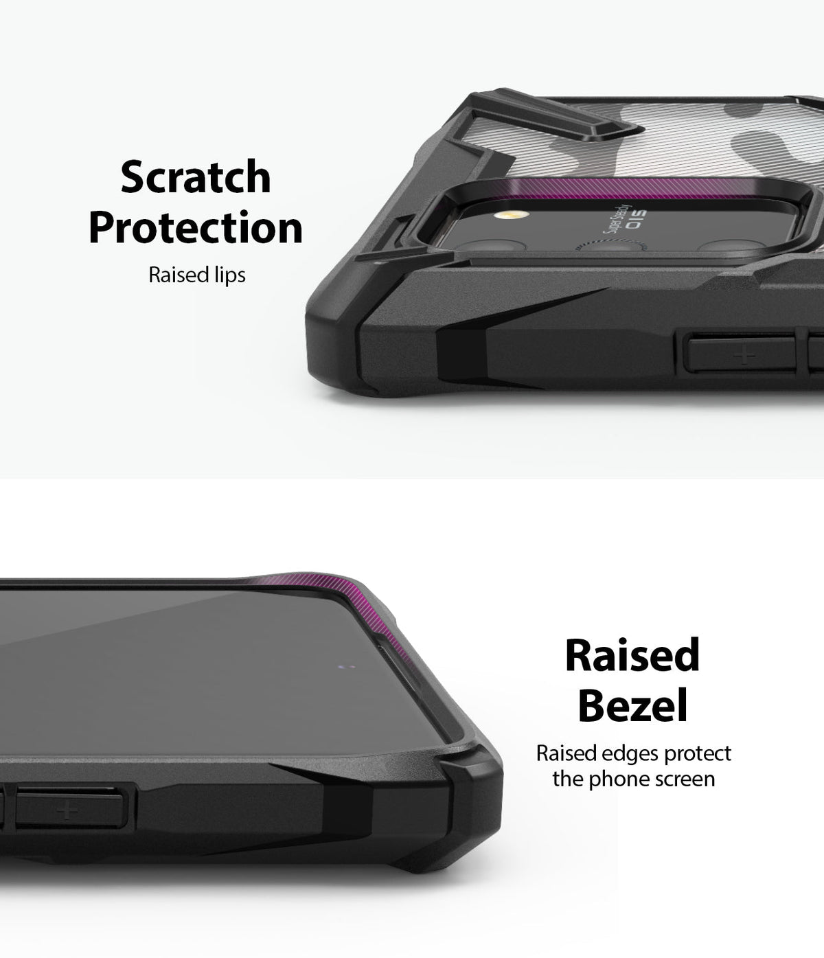 Galaxy S10 Lite Case | Fusion-X - Close-up of phone case showing raised lips around the camera and screen for protection.