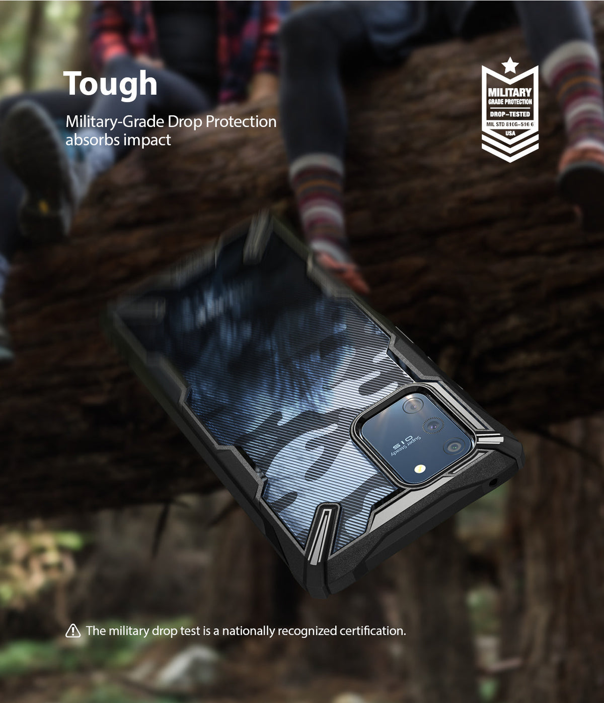 Galaxy S10 Lite Case | Fusion-X - Camouflage phone case with military-grade drop protection against a blurred forest background.