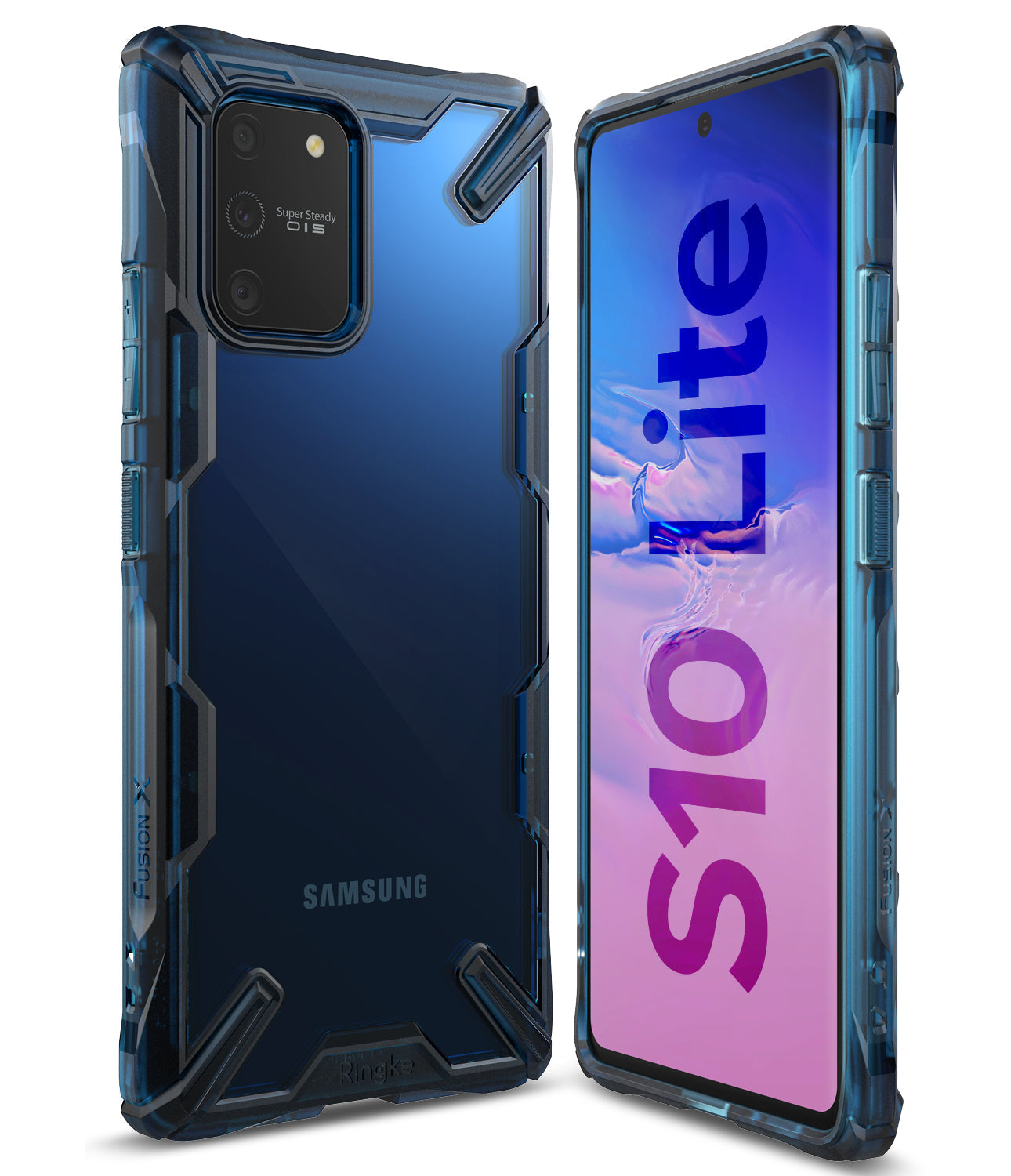 Galaxy S10 Lite Case | Fusion-X - Blue rugged transparent phone case showing front and back views of a Galaxy S10 Lite.