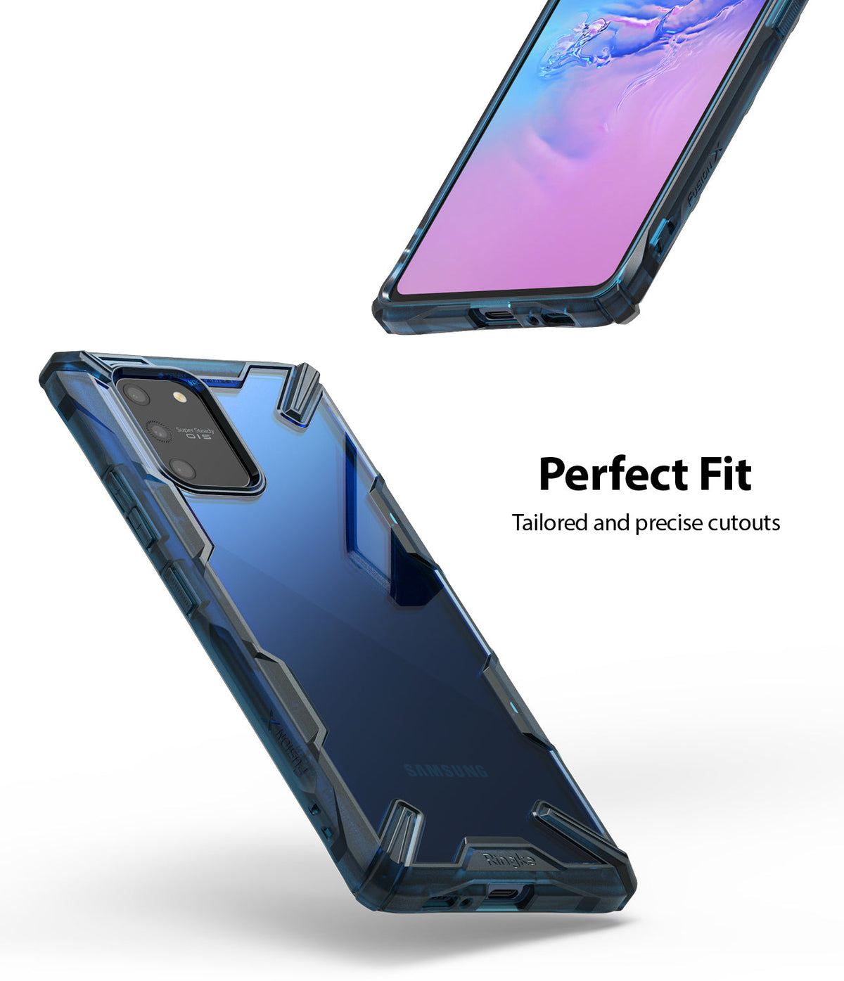 Galaxy S10 Lite Case | Fusion-X - Blue transparent phone case with reinforced corners and precise cutouts for camera and ports.
