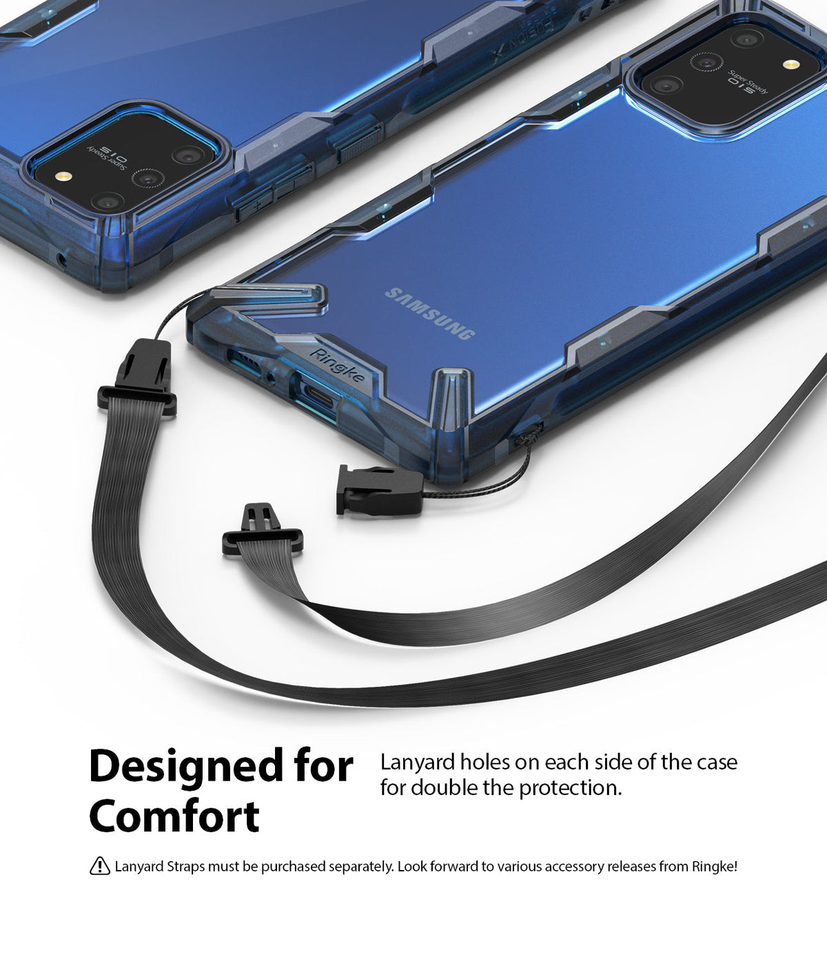 Galaxy S10 Lite Case | Fusion-X - Blue protective phone case with dual lanyard attachment points and black straps.