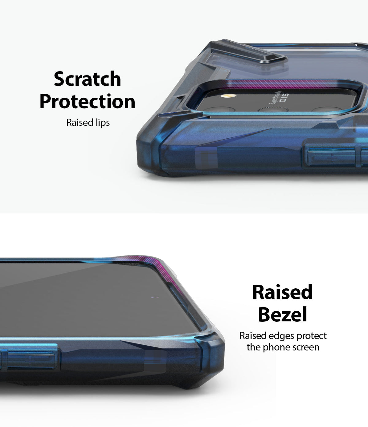 Galaxy S10 Lite Case | Fusion-X - Close-ups showing raised camera and screen bezels for scratch protection.