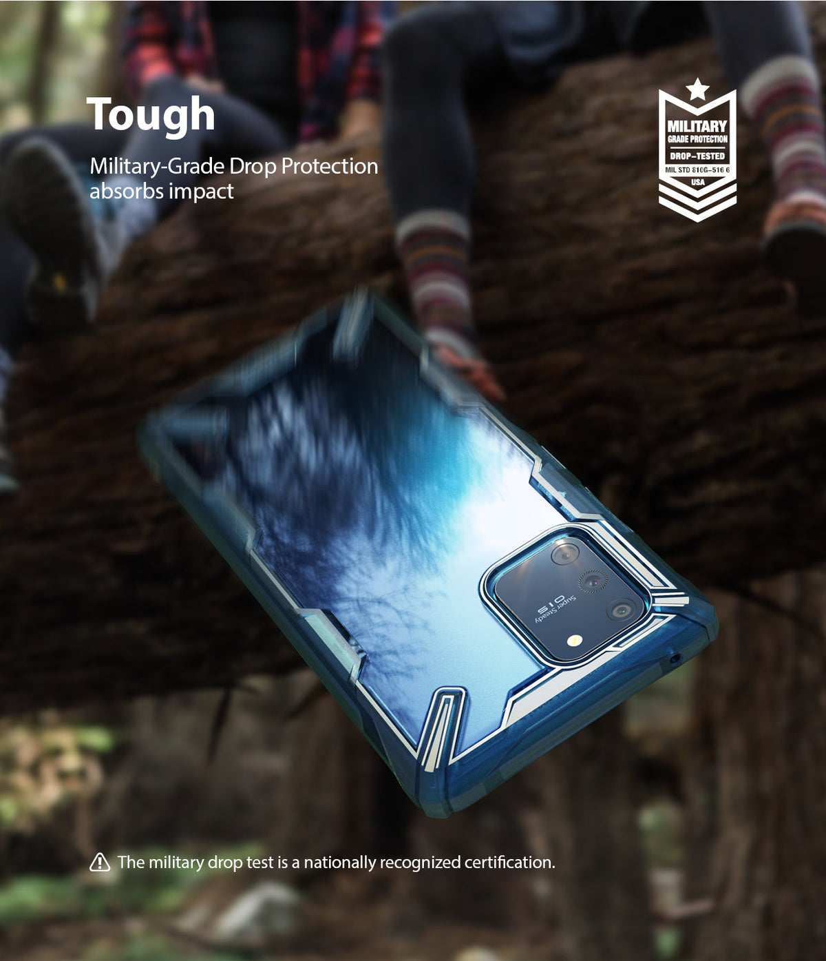 Galaxy S10 Lite Case | Fusion-X - Blue protective phone case floating in front of a blurred outdoor forest background.
