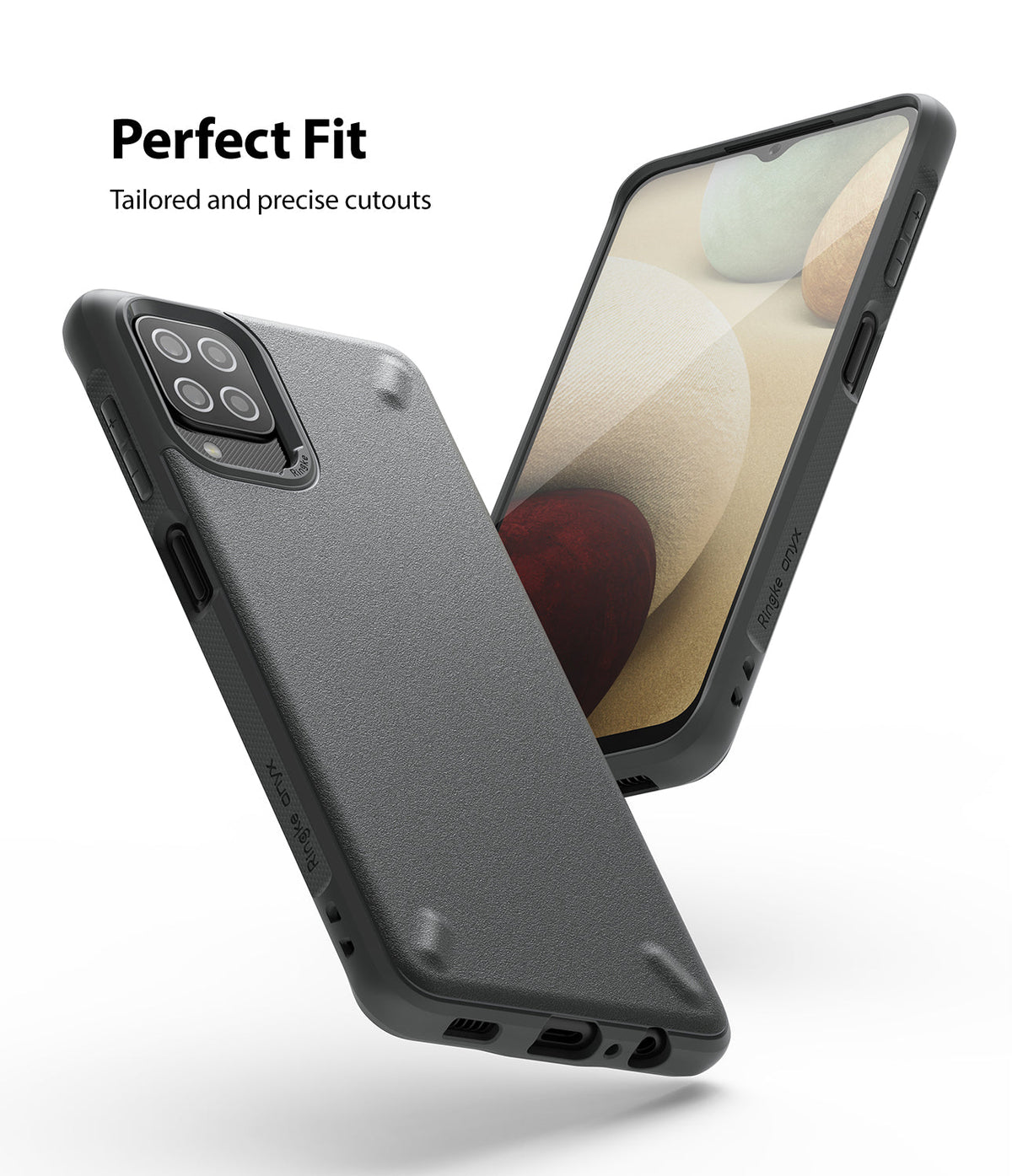 Galaxy A12 / A02 Case | Onyx - Black textured phone case shown from back and front angles with precise cutouts.