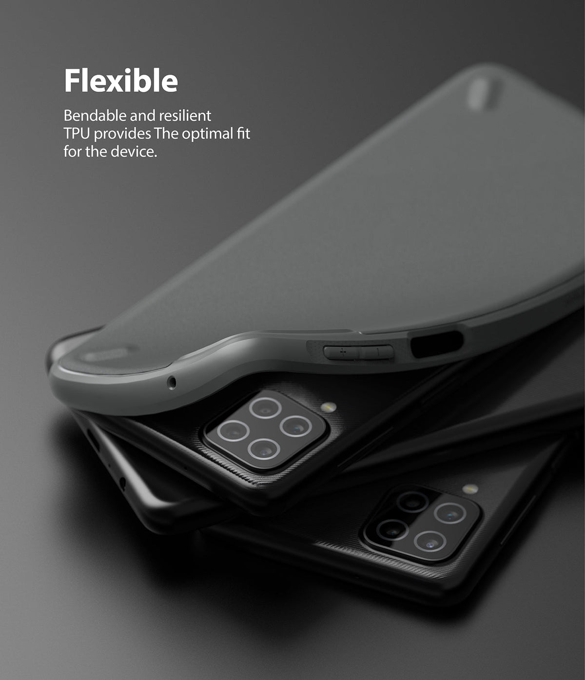 Galaxy A12 / A02 Case | Onyx - A flexible, matte black TPU phone case being bent over a stack of two smartphones.