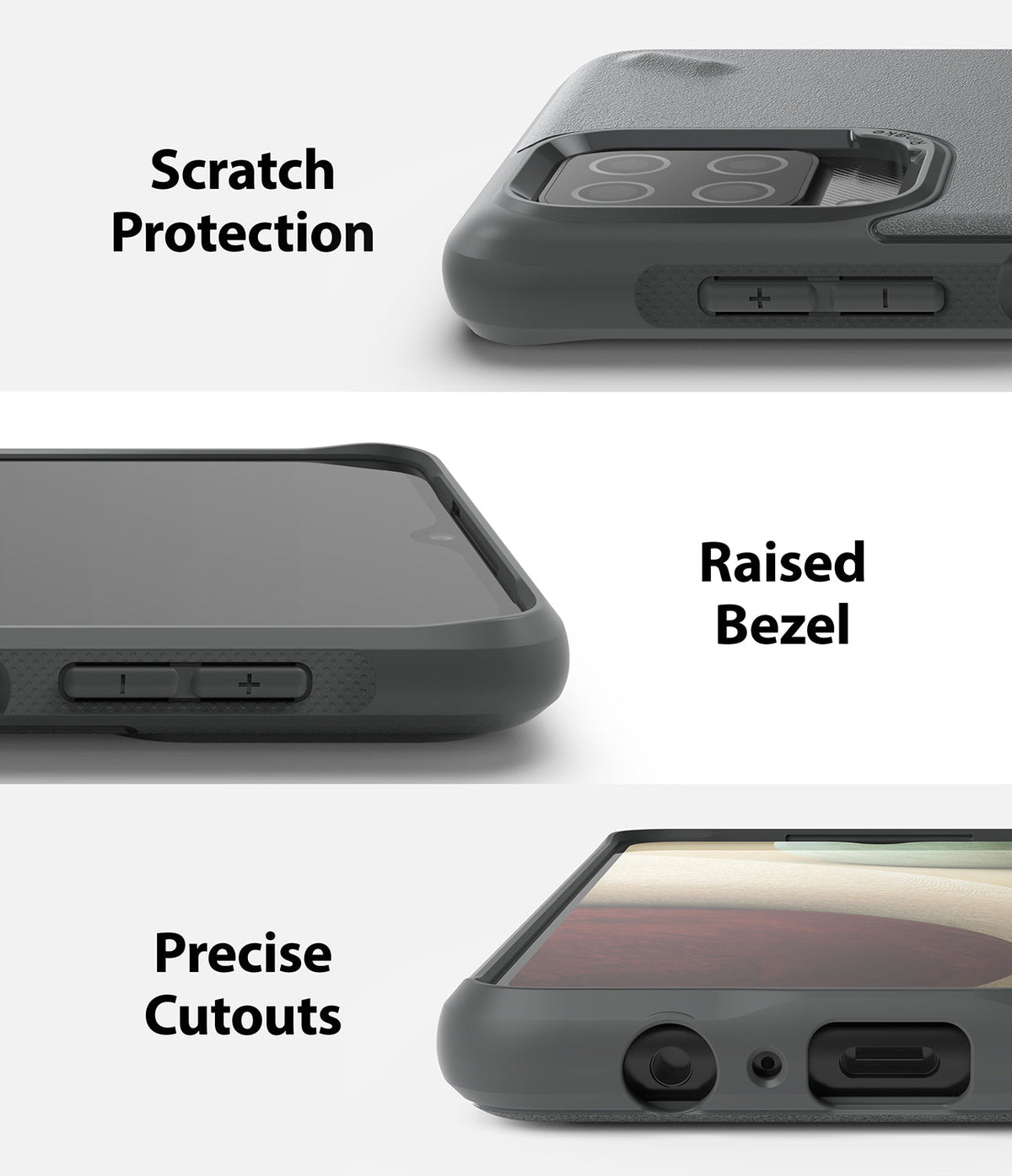 Galaxy A12 / A02 Case | Onyx - Close-ups showing scratch protection, raised screen bezel, and precise port cutouts.