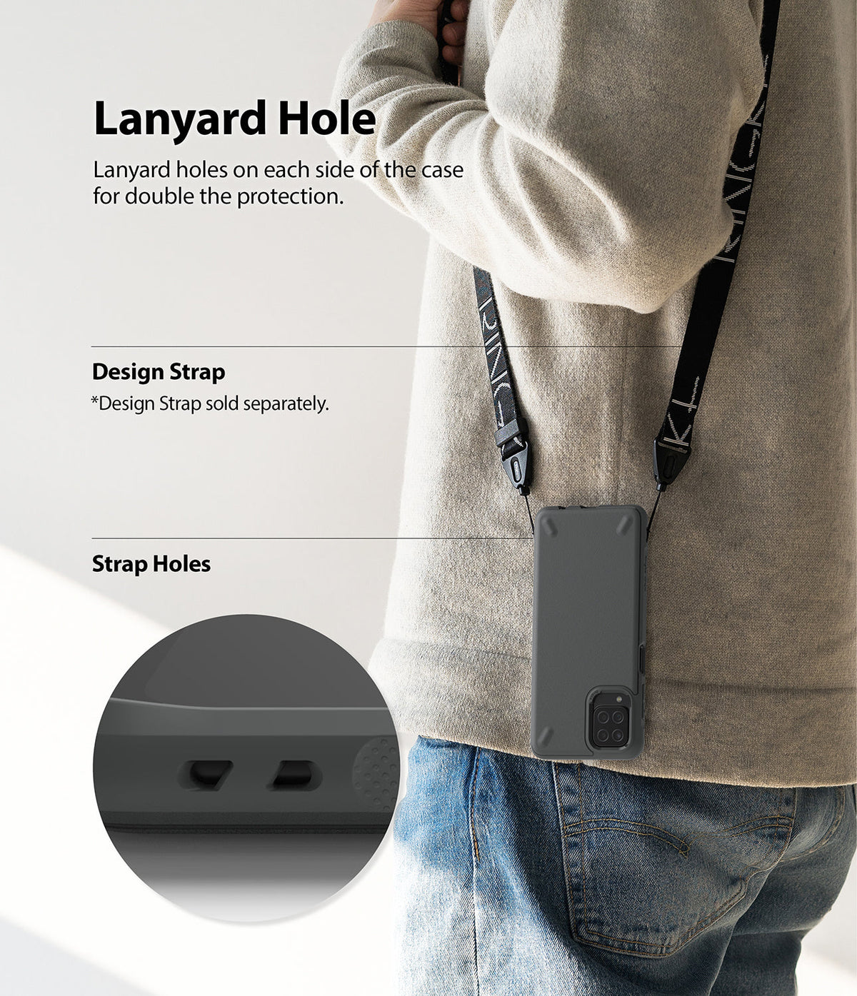 Galaxy A12 / A02 Case | Onyx - Person wearing a phone case with a lanyard strap, highlighting the integrated strap holes.