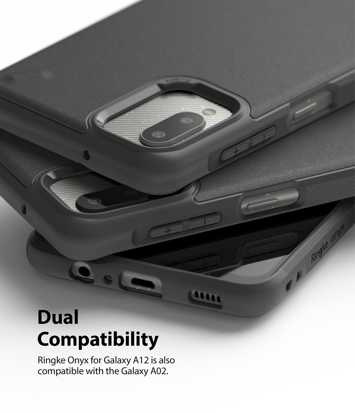 Galaxy A12 / A02 Case | Onyx - Stacked matte black phone cases showing camera cutouts, side buttons, and Ringke branding.