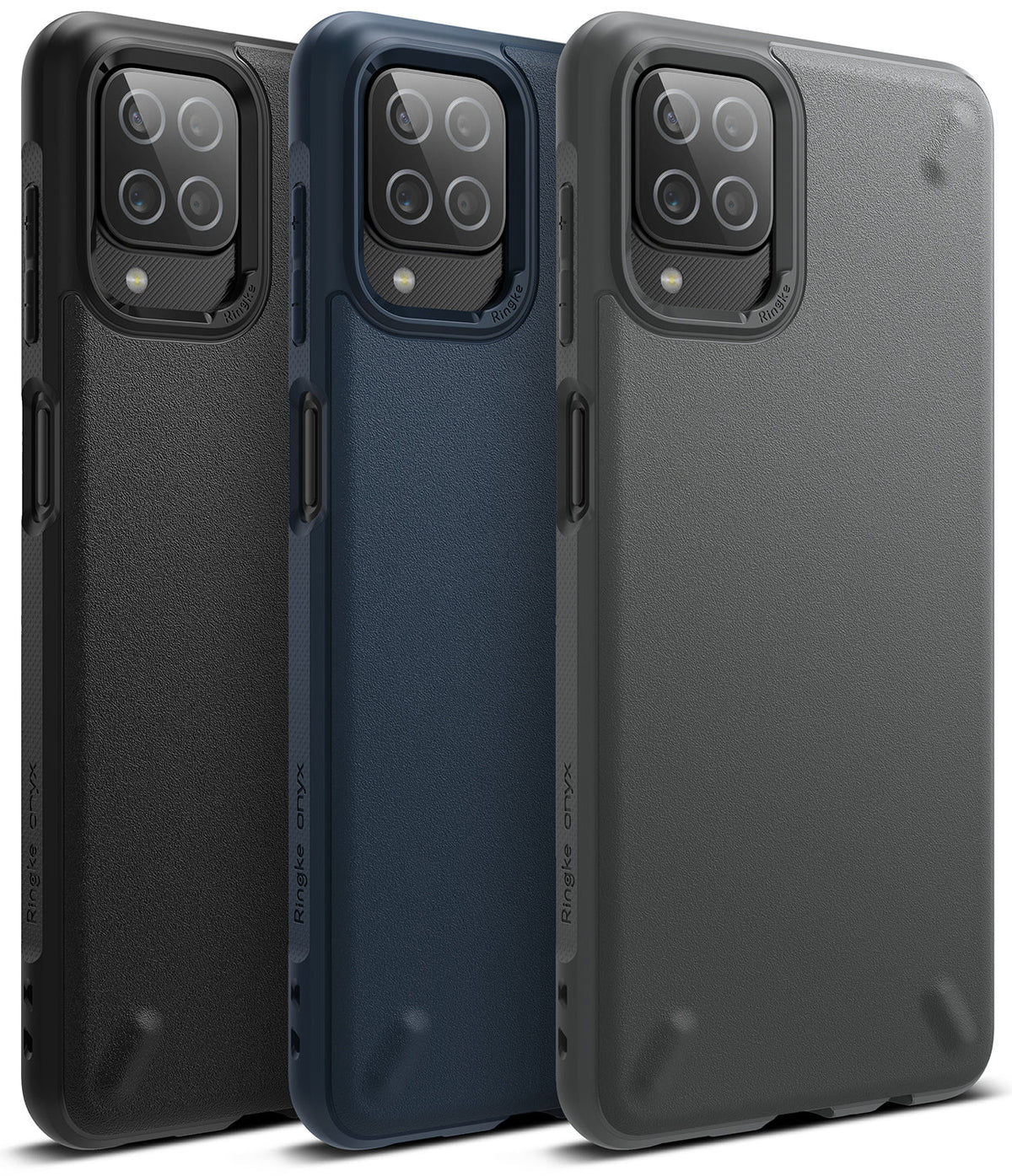 Galaxy A12 / A02 Case | Onyx - Three textured phone cases in black, navy, and gray with camera cutouts and Ringke branding.