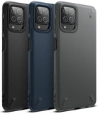 Galaxy A12 / A02 Case | Onyx - Three textured phone cases in black, navy, and gray with camera cutouts and Ringke branding.