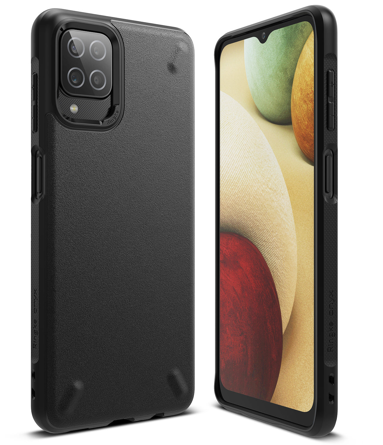 Galaxy A12 / A02 Case | Onyx - Matte black protective phone case shown from the back and front with a textured finish.