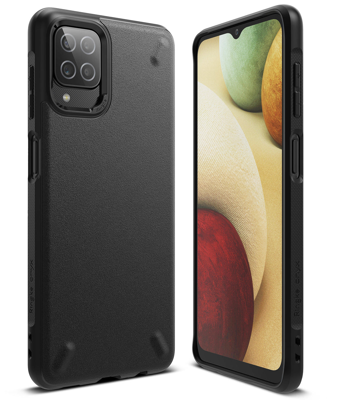 Galaxy A12 / A02 Case | Onyx - Matte black protective phone case shown from the back and front with a textured finish.