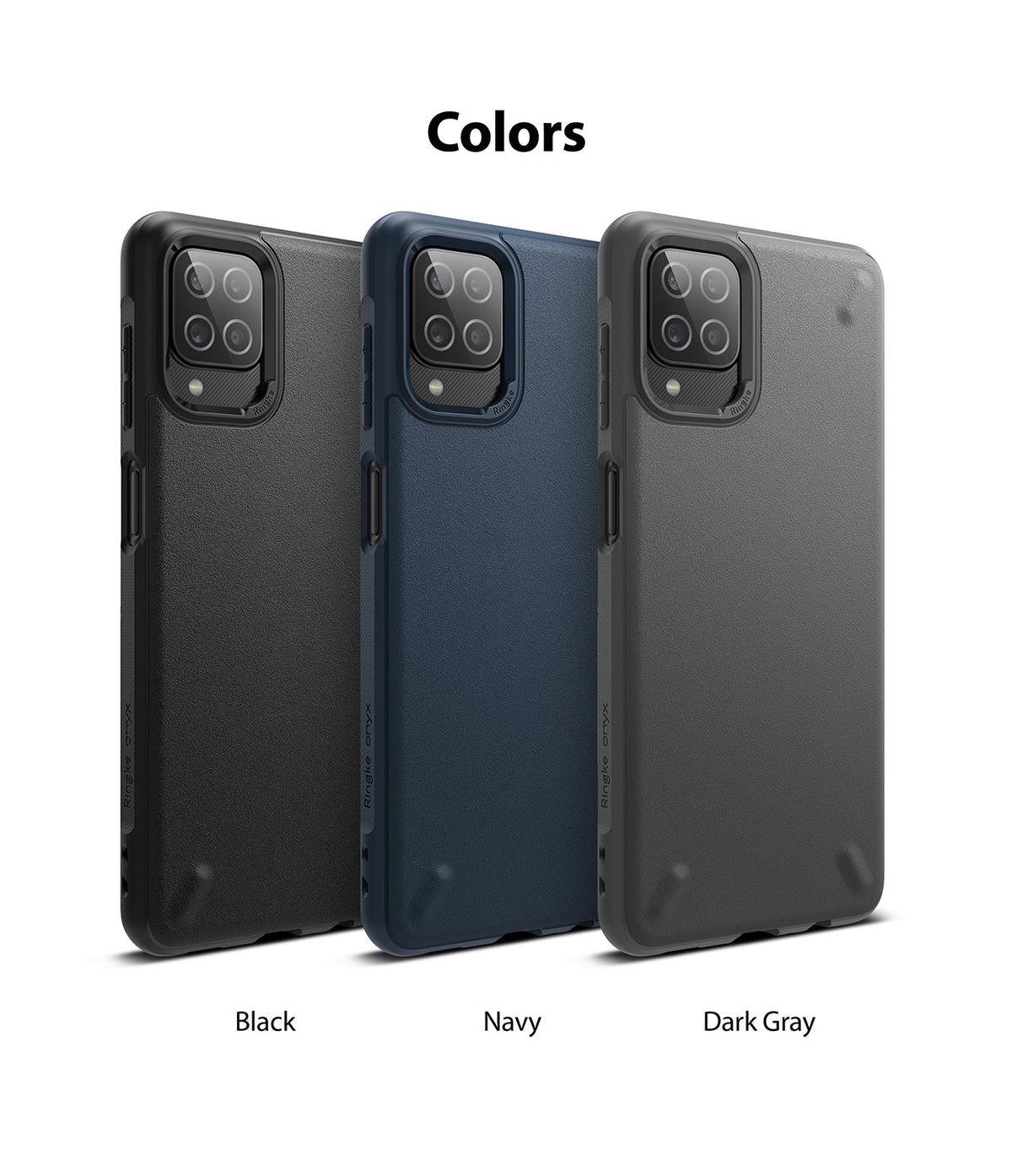 Galaxy A12 / A02 Case | Onyx - Three textured phone cases in black, navy, and dark gray arranged side-by-side.