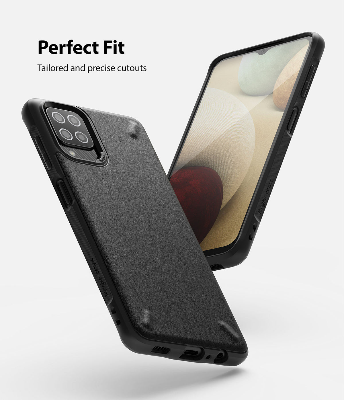 Galaxy A12 / A02 Case | Onyx - Black textured phone case shown from front and back angles with precise cutouts.
