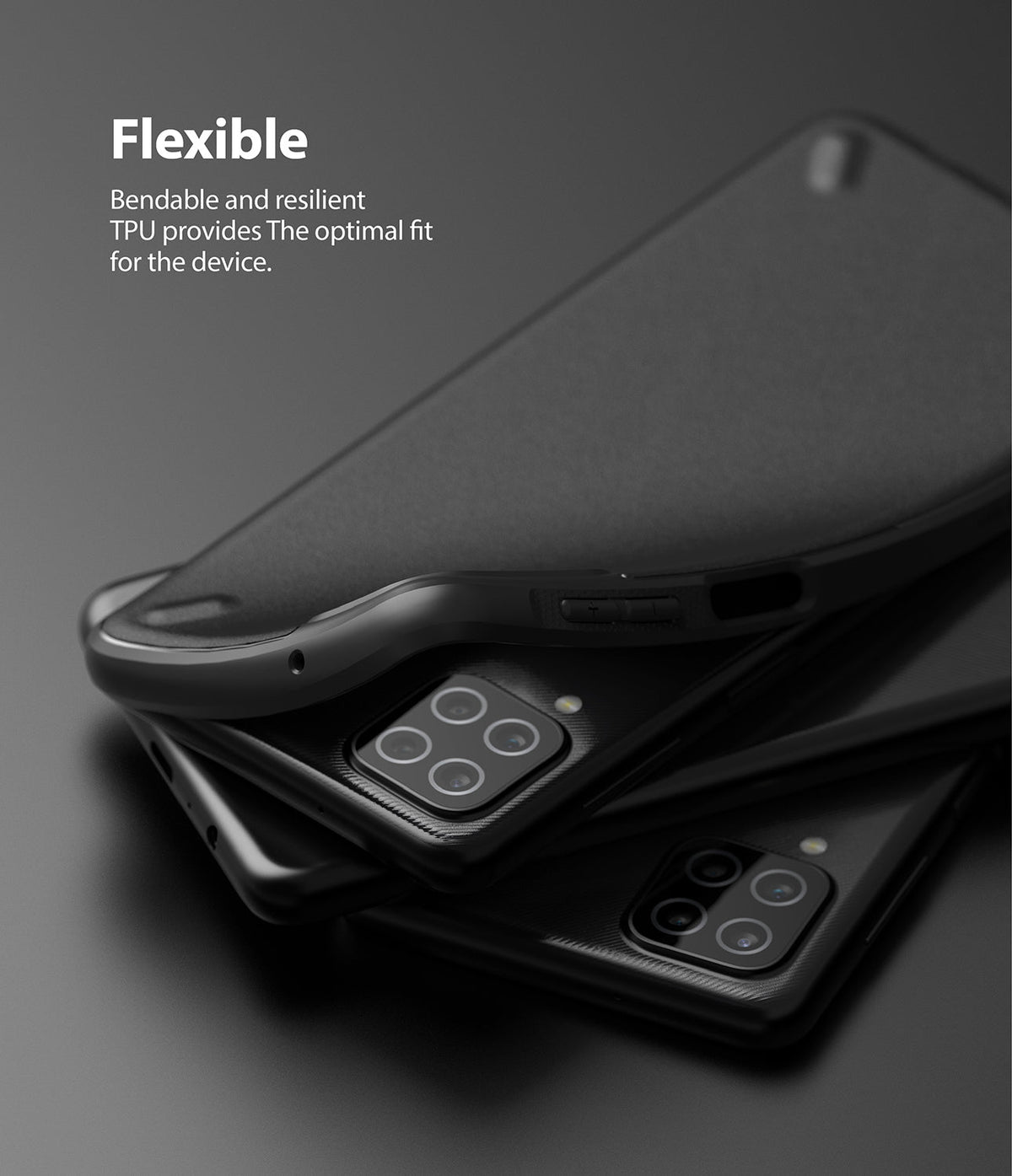 Galaxy A12 / A02 Case | Onyx - A flexible black TPU phone case being peeled back to reveal the phone's camera module.