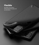 Galaxy A12 / A02 Case | Onyx - A flexible black TPU phone case being peeled back to reveal the phone's camera module.