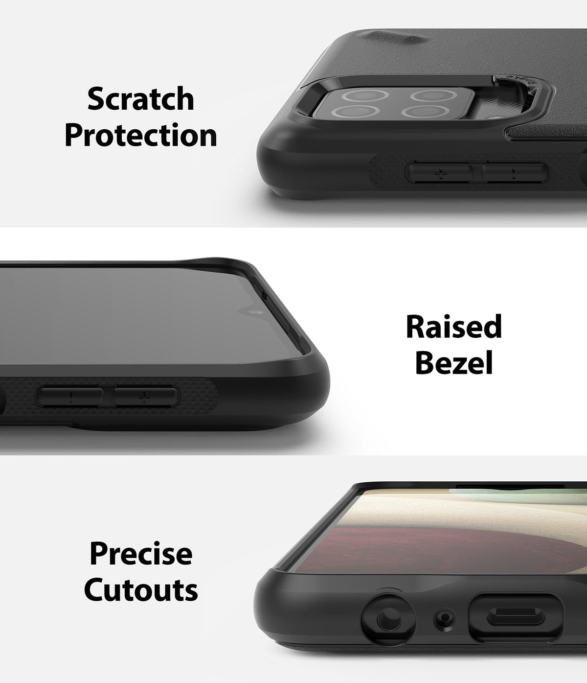 Galaxy A12 / A02 Case | Onyx - Three panels showing scratch protection, raised screen bezels, and precise port cutouts.