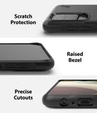Galaxy A12 / A02 Case | Onyx - Three panels showing scratch protection, raised screen bezels, and precise port cutouts.