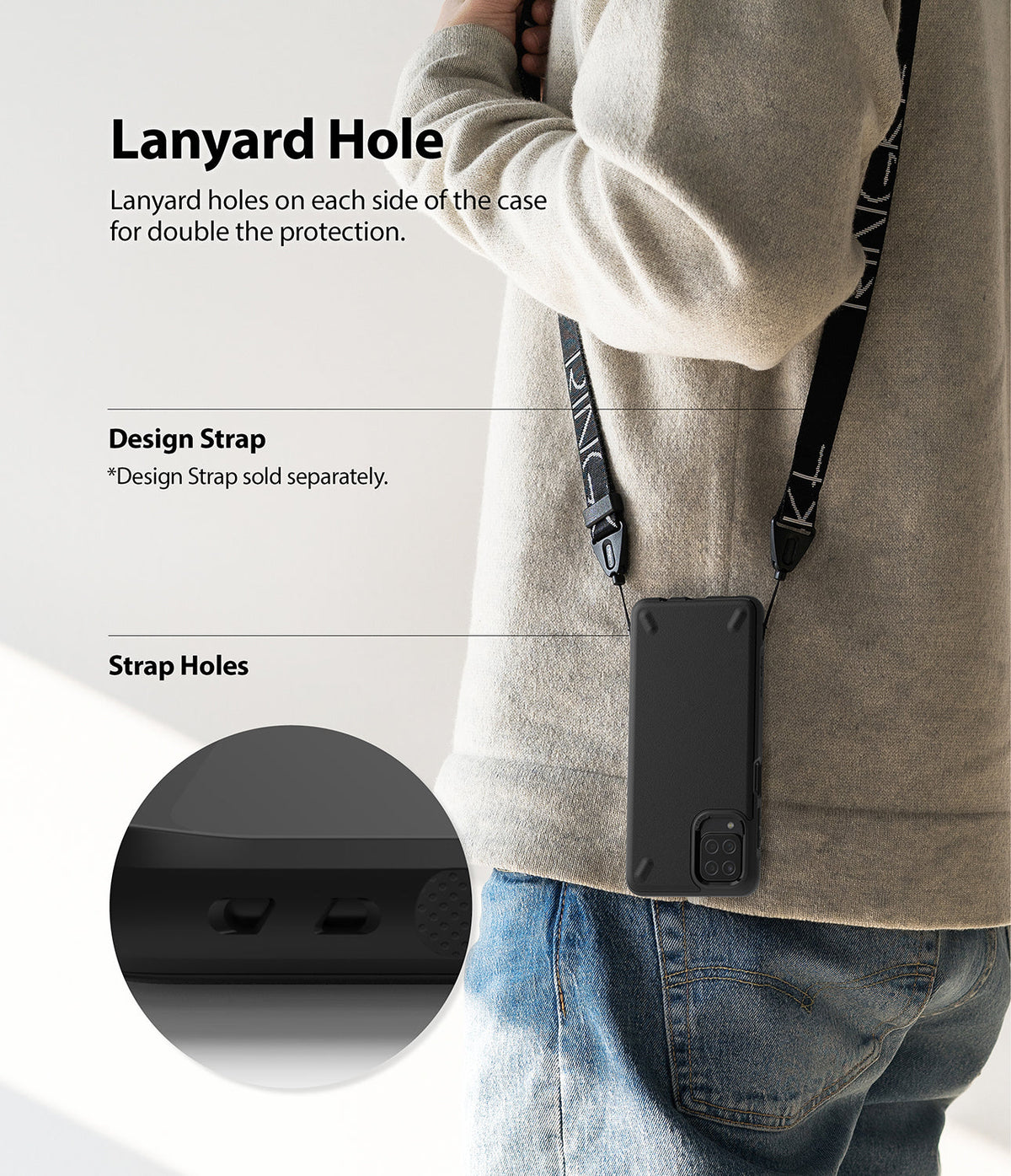 Galaxy A12 / A02 Case | Onyx - Person wearing a black phone case with a lanyard strap, highlighting dual strap holes.