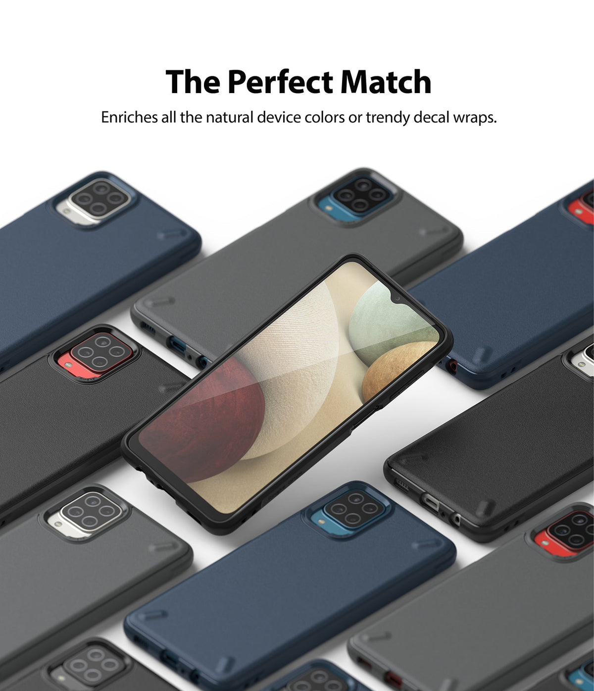 Galaxy A12 / A02 Case | Onyx - Multiple Samsung Galaxy A12/A02 phones in various colored cases arranged around a central phone.