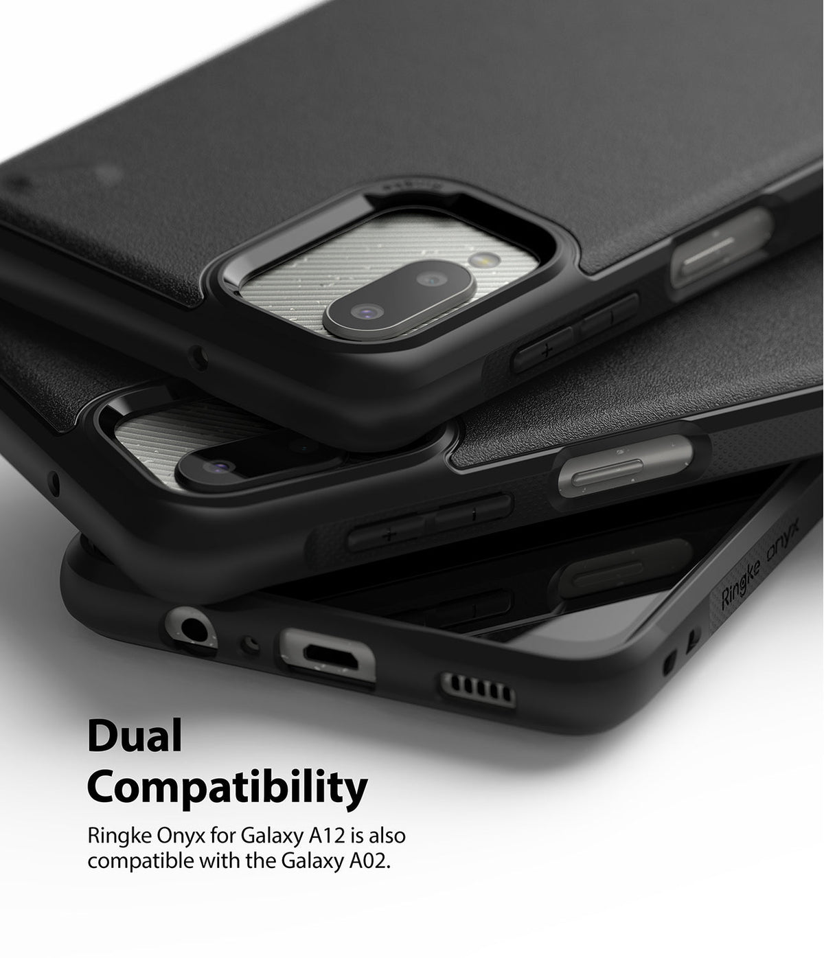 Galaxy A12 / A02 Case | Onyx - Stacked black matte phone cases with textured back and camera cutouts on a white background.