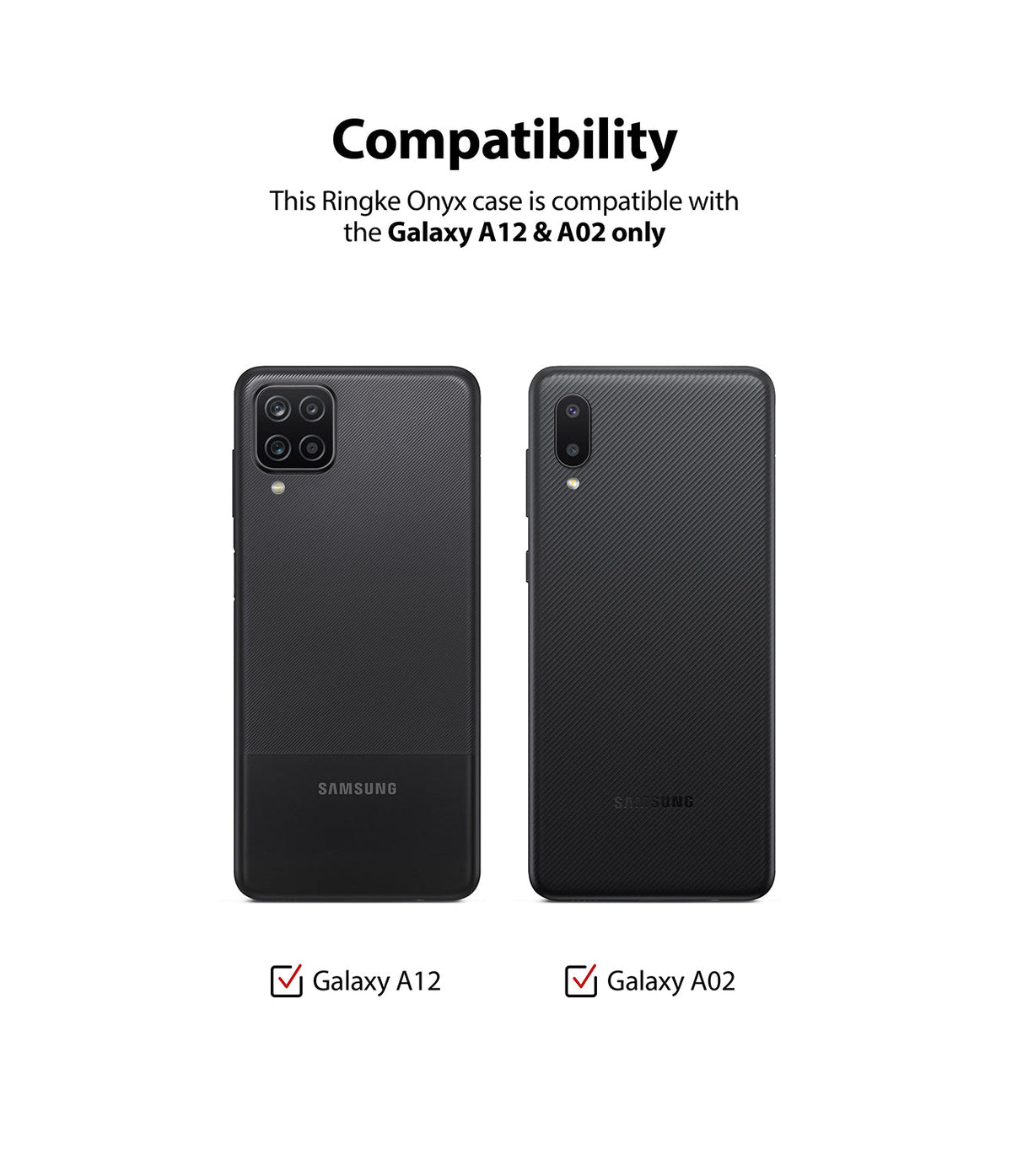 Galaxy A12 / A02 Case | Onyx - Two black textured phone cases shown side-by-side for Galaxy A12 and A02 compatibility.