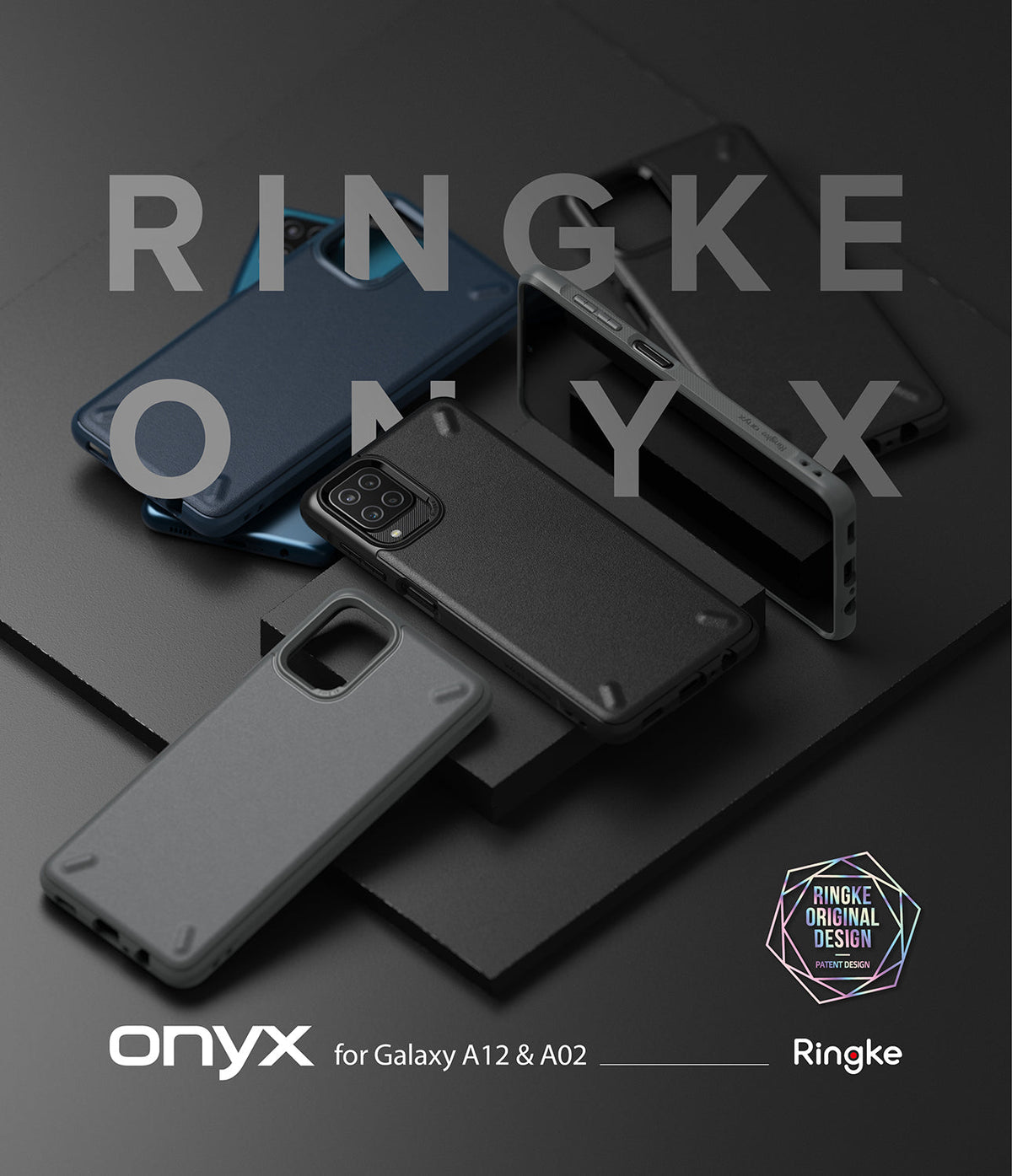 Galaxy A12 / A02 Case | Onyx - Multiple black and blue Onyx phone cases arranged on a dark, layered display surface.