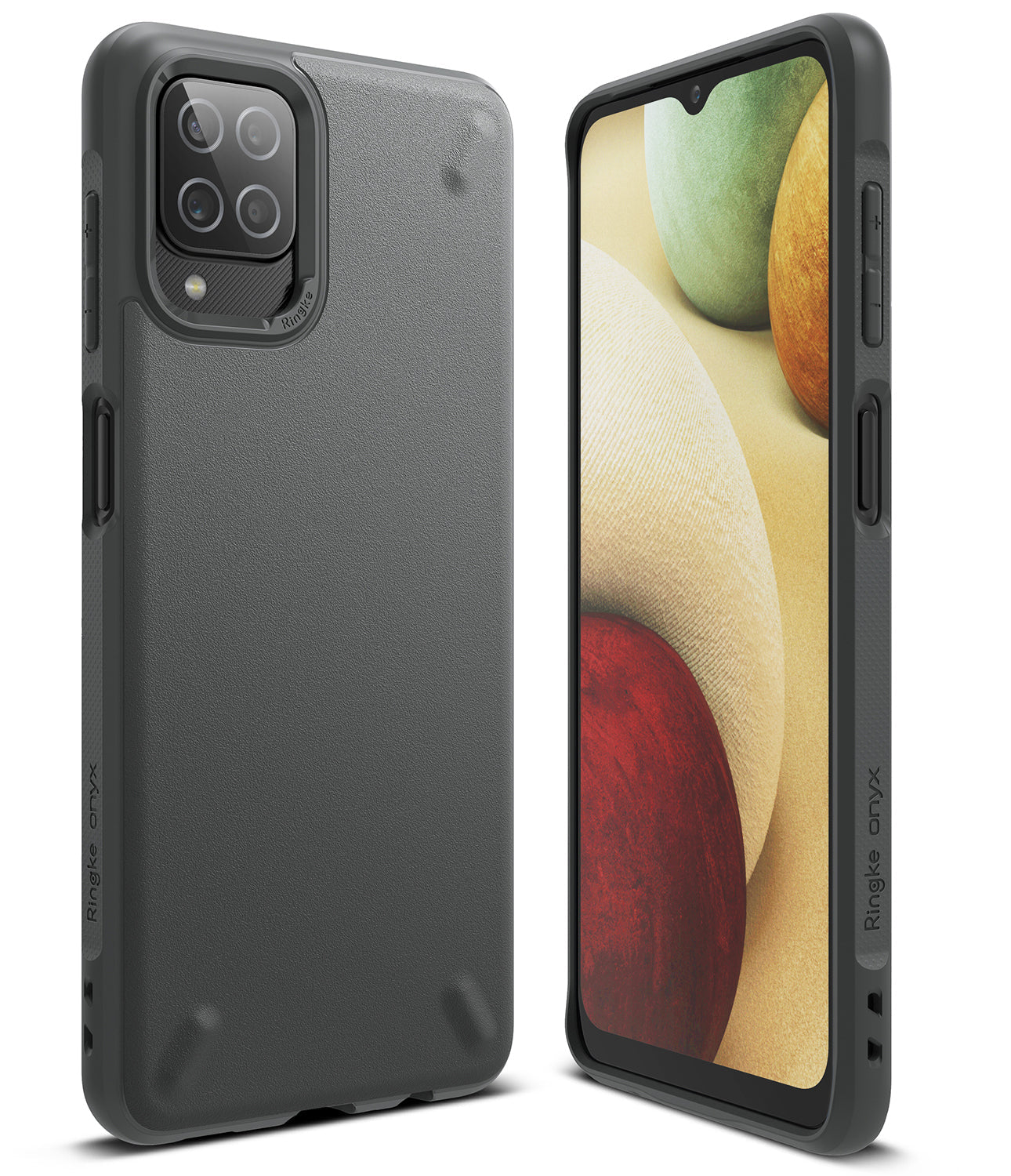 Galaxy A12 / A02 Case | Onyx - Matte black protective phone case shown from the back and front with a colorful screen.