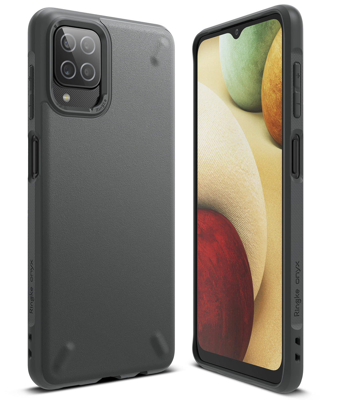 Galaxy A12 / A02 Case | Onyx - Matte black protective phone case shown from the back and front with a colorful screen.