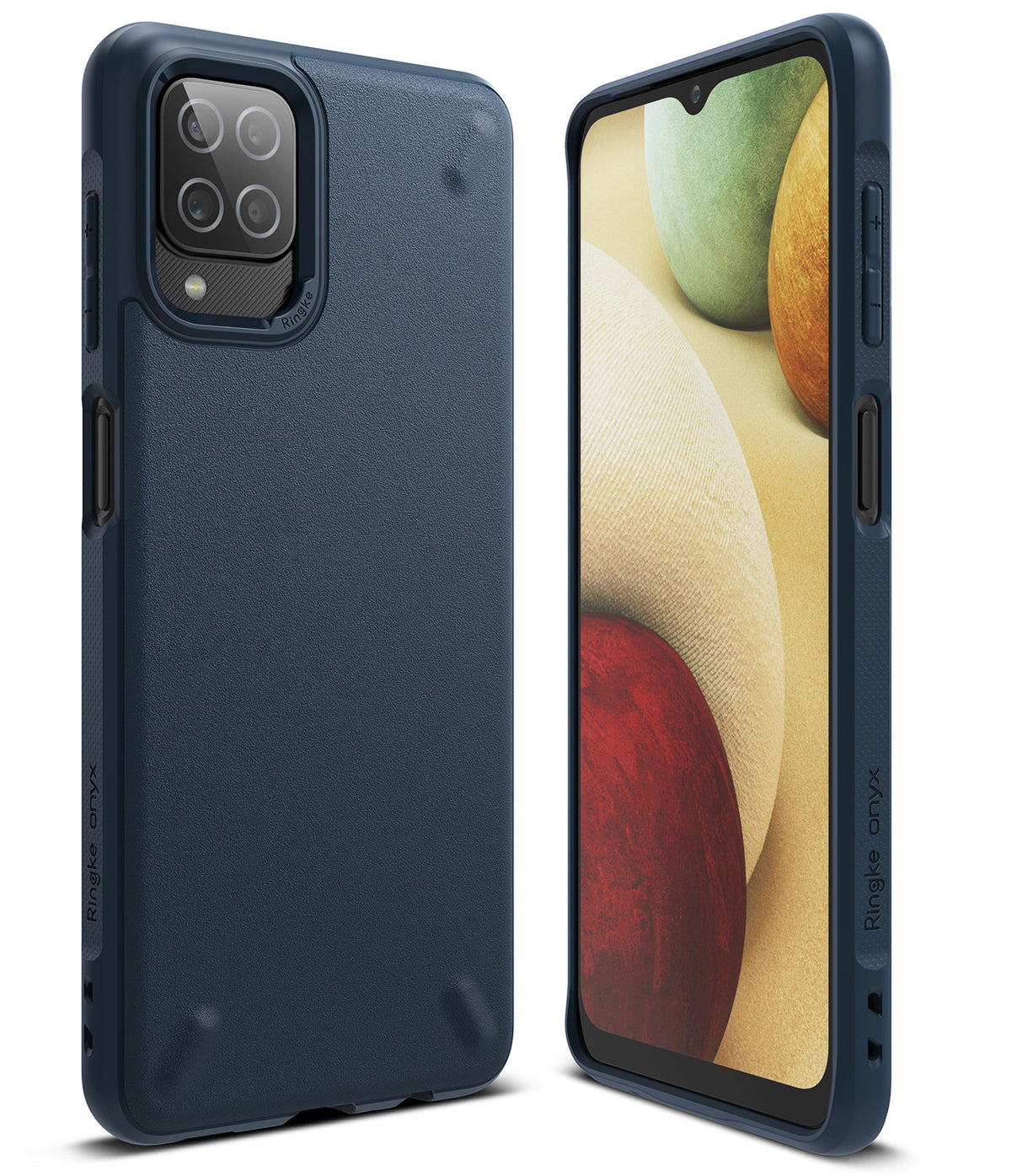 Galaxy A12 / A02 Case | Onyx - Navy blue protective phone case shown from back and front angles with a textured finish.