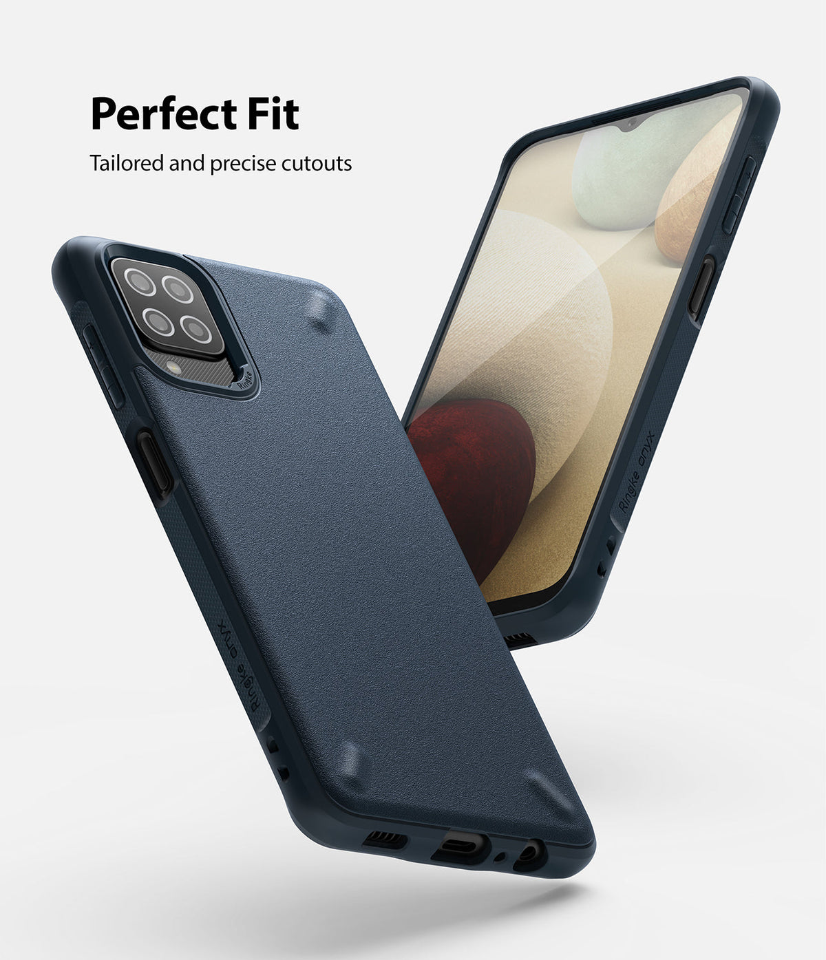 Galaxy A12 / A02 Case | Onyx - Navy blue textured phone case shown from back and front angles with precise port cutouts.