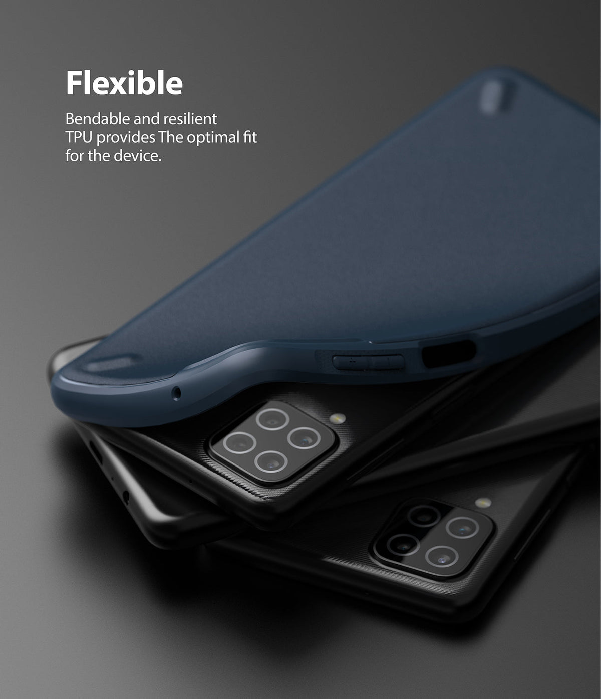 Galaxy A12 / A02 Case | Onyx - A flexible navy blue TPU phone case being pulled away from a black smartphone.