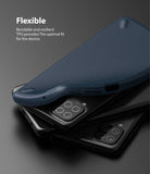 Galaxy A12 / A02 Case | Onyx - A flexible navy blue TPU phone case being pulled away from a black smartphone.