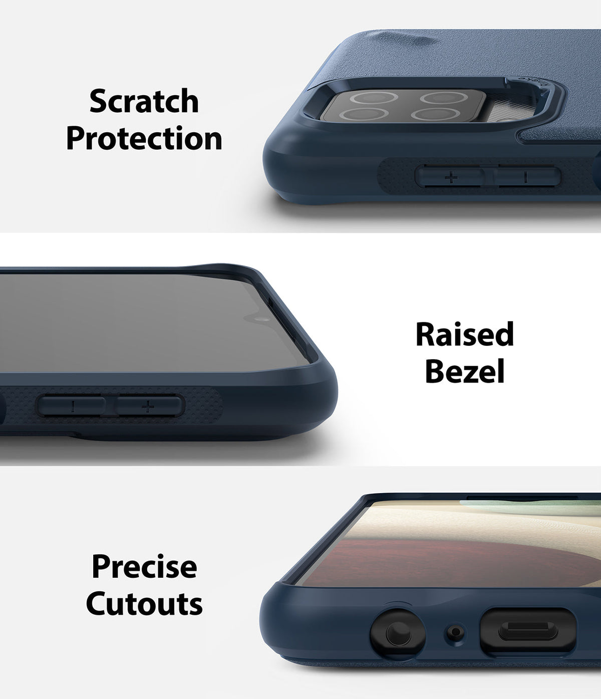 Galaxy A12 / A02 Case | Onyx - Close-ups showing camera protection, raised screen bezels, and precise port cutouts.