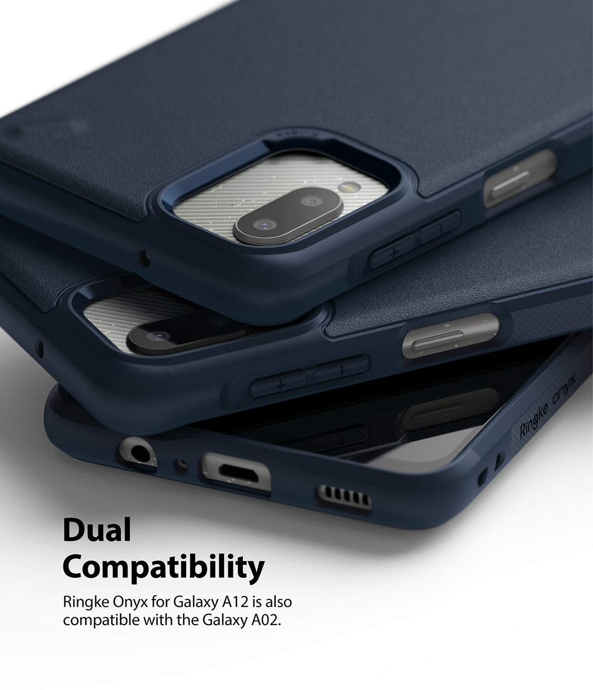 Galaxy A12 / A02 Case | Onyx - Stacked navy blue phone cases showing camera cutouts, side buttons, and bottom ports.